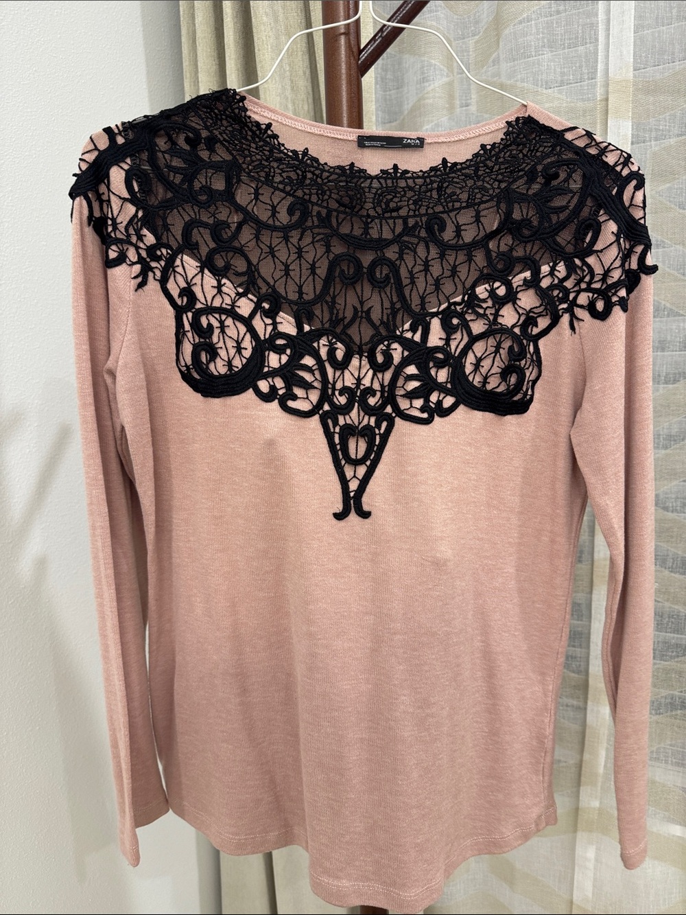 Zara Blush Pink Long-Sleeve Top with Black Lace Yoke Panel